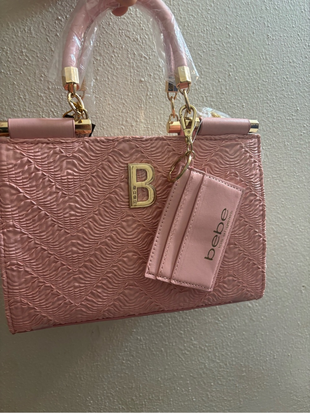 bebe Pink Embossed Top-Handle Bag with Card Holder